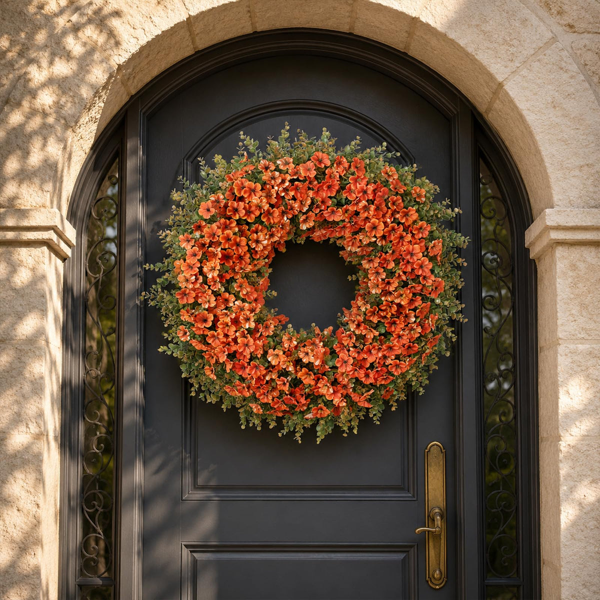 32" Large Artificial Silk Flower Eucalyptus Wreath for Outdoor(Fall Orange)