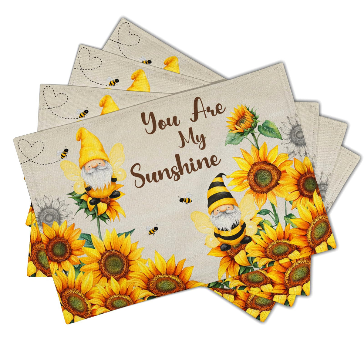 Bee Gnomes Placemats Set of 4, 12x18 Inch Vintage Summer Sunflowers Linen Place Mat, Sunshine Floral Heat Resistant
