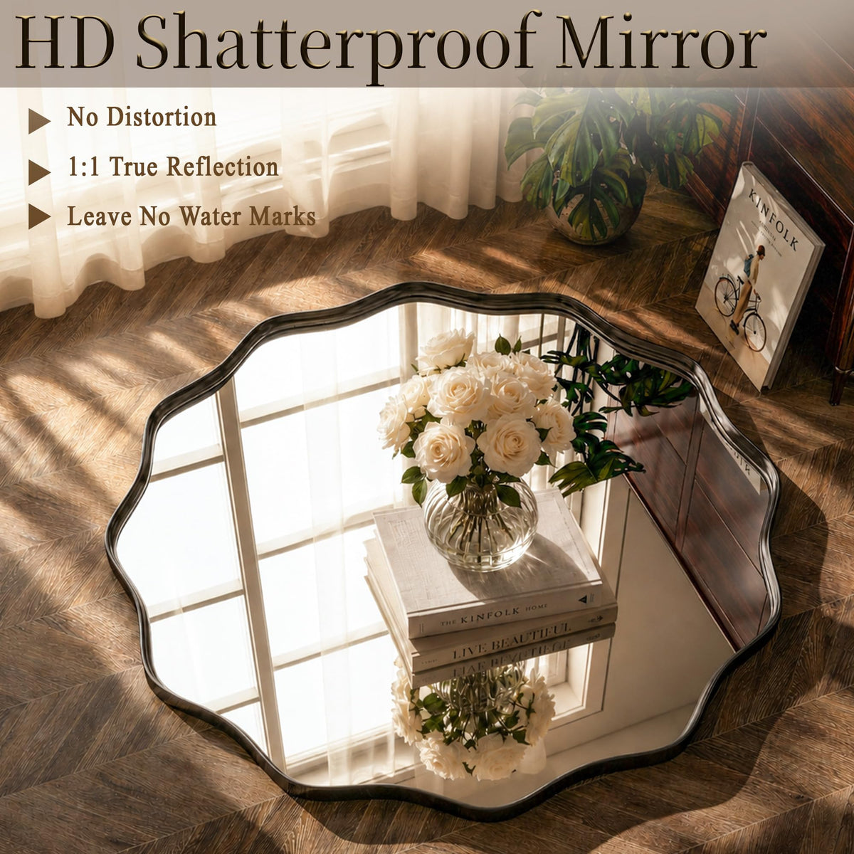 Black Scalloped Circle Mirror 30" Wavy Edge Round Wall Mirror