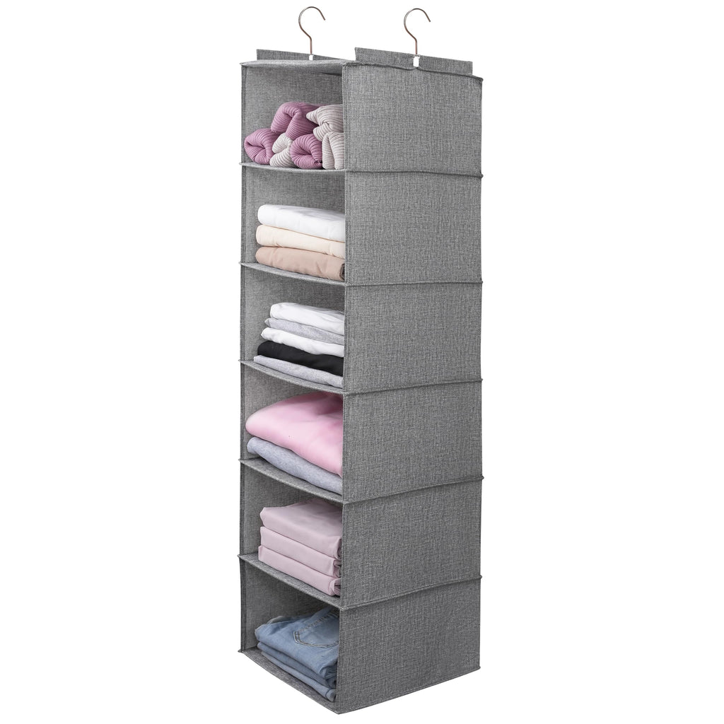 Large Hanging Sweater Organizer for Closet,Collapsible 6-Shelf Hanging Closet Shelves with Drawers, Washable (Grey-6