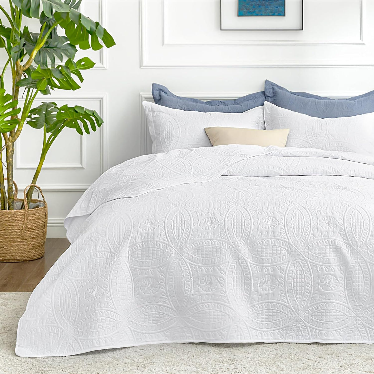 White Quilt Set Bedspreads - Soft Lightweight Coin Pattern Coverlet Bedspread Comforter - Twin, Full, Queen, King