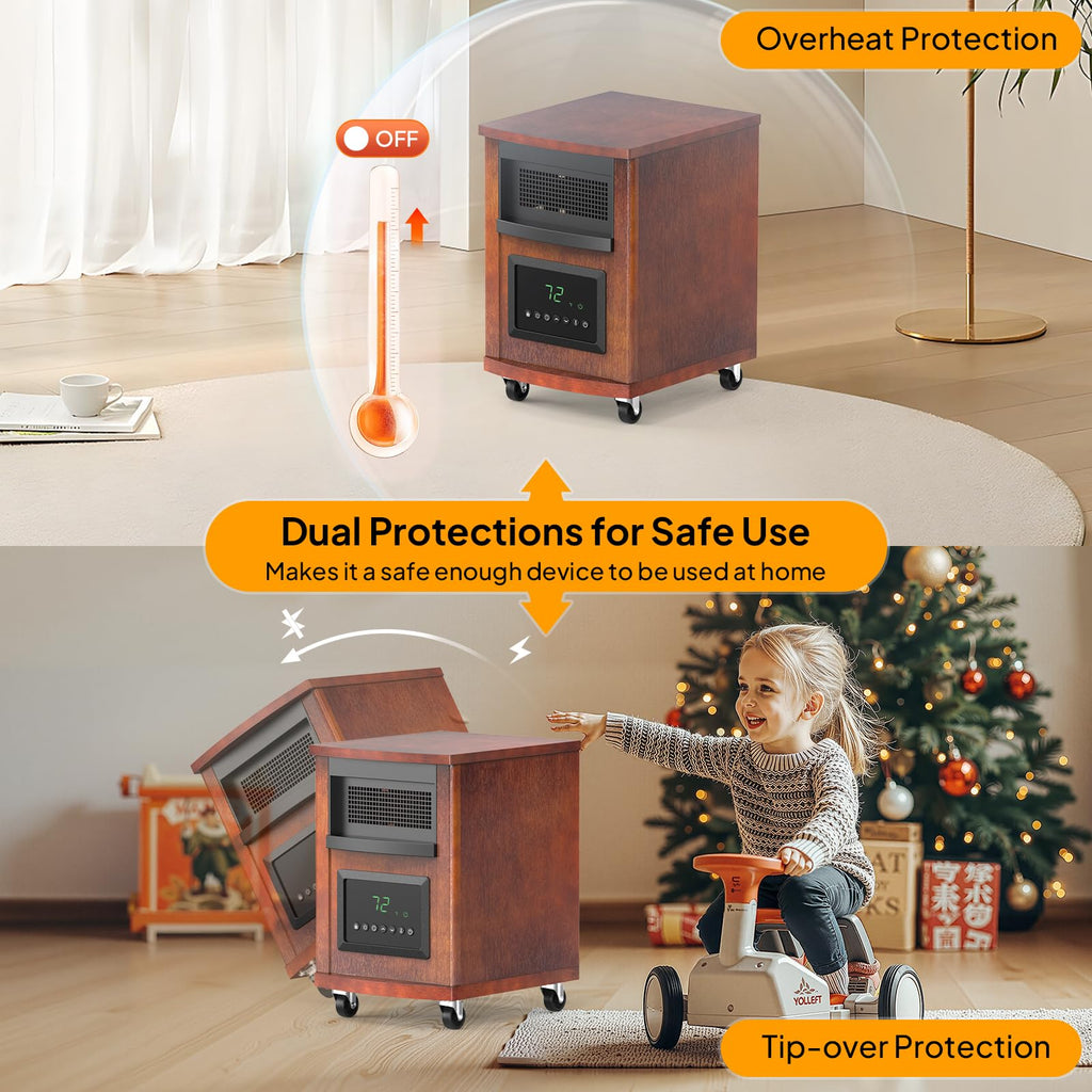 1500W Quartz Infrared Heaters, Electric Space Heater, Portabel Handle & Wheels, 12H Timer, 3 Modes, Tip-Over &