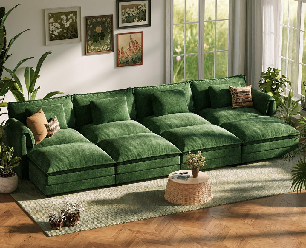 150" Oversized Green Sectional Cloud Couch, Modular Couches, Large 8-Seat Deep Seat Sofa Sleeper Bed, Modern Sofa