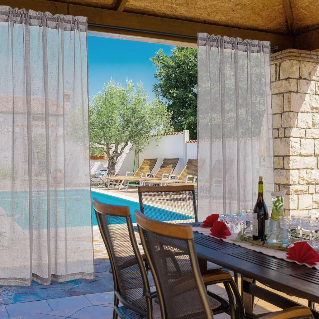 Outdoor Linen Sheer Curtains Waterproof, 2 Panels Rod Pocket Indoor/Outdoor Sheer Curtain for Pergola, Porch, Cabana