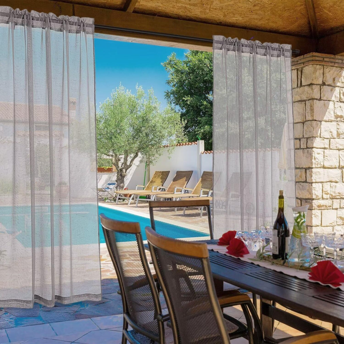 Outdoor Linen Sheer Curtains Waterproof, 2 Panels Rod Pocket Indoor/Outdoor Sheer Curtain for Pergola, Porch, Cabana