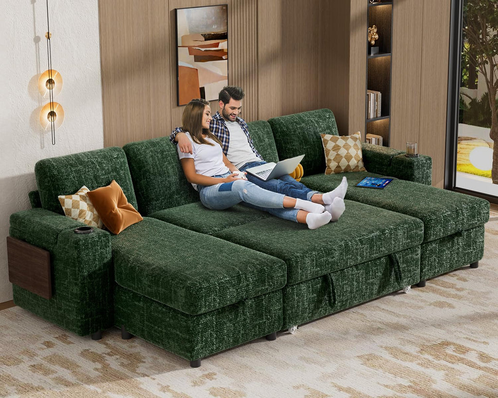 108" Modular Sectional Sleeper Sofa with Pull Out Bed, 4 Seat Chenille U Shaped Couch with USB Ports|Cup Holders|Side