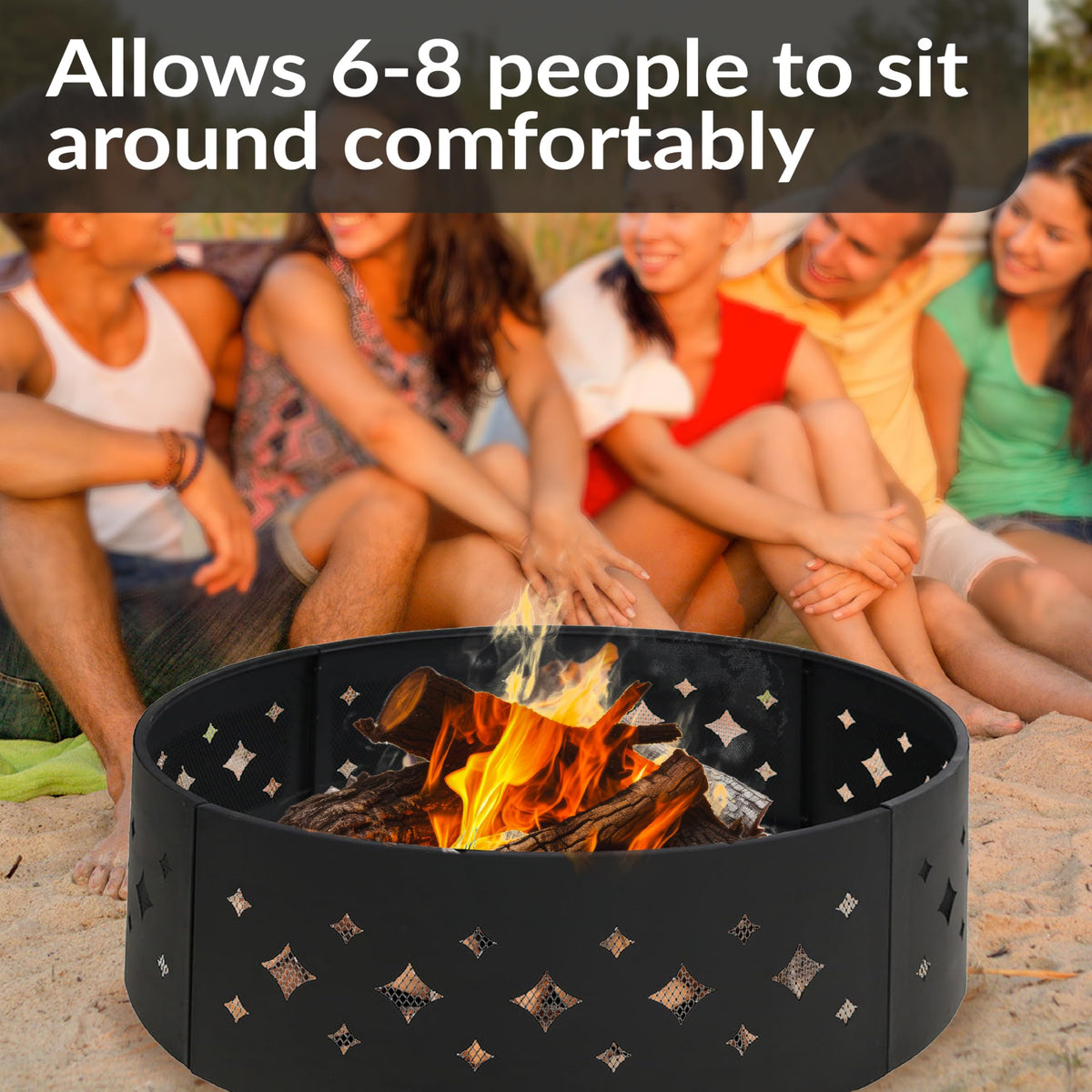 36-Inch Fire Pit Ring for Outside Wood Burning, Diamond Cutouts