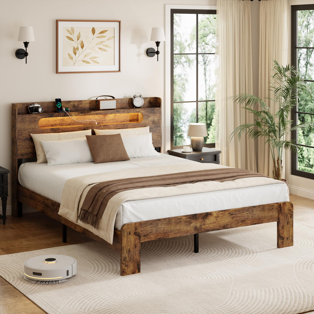 Bed Frame, 2-Tier Storage Headboard Platform Bed, Rustic Brown