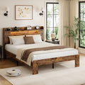 Bed Frame, 2-Tier Storage Headboard Platform Bed, Rustic Brown