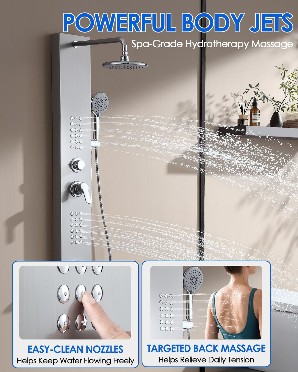 Shower Panel Tower System, 4 Functions, Surface Wall Mount, Brushed