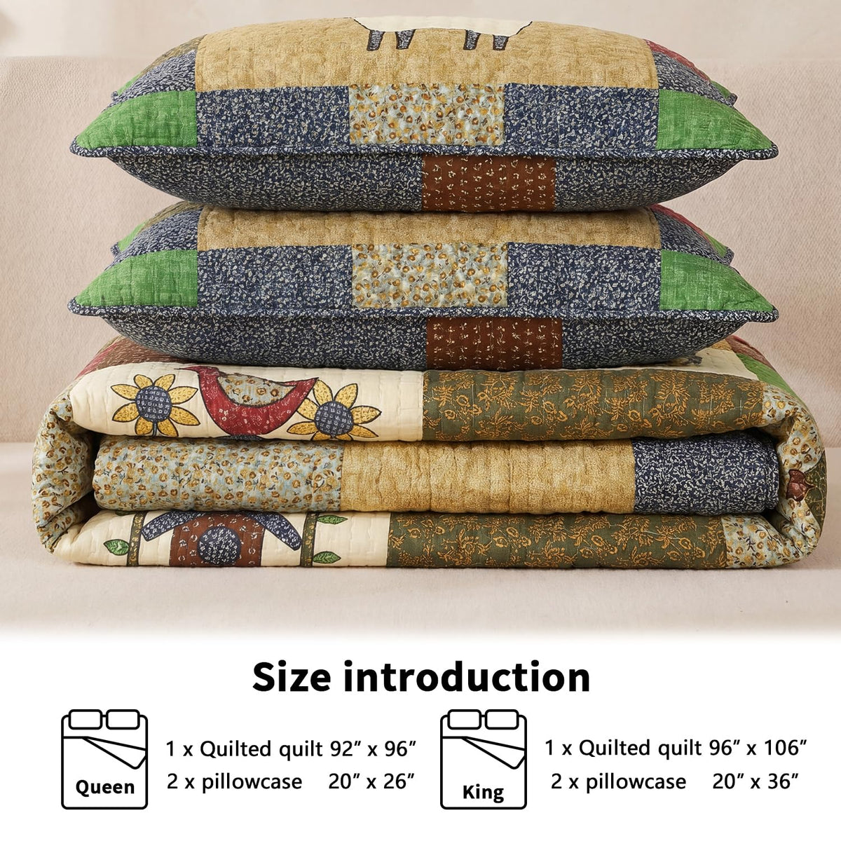 100% Cotton Patchwork Quilt Set, Farmhouse Bedding, 3-Piece