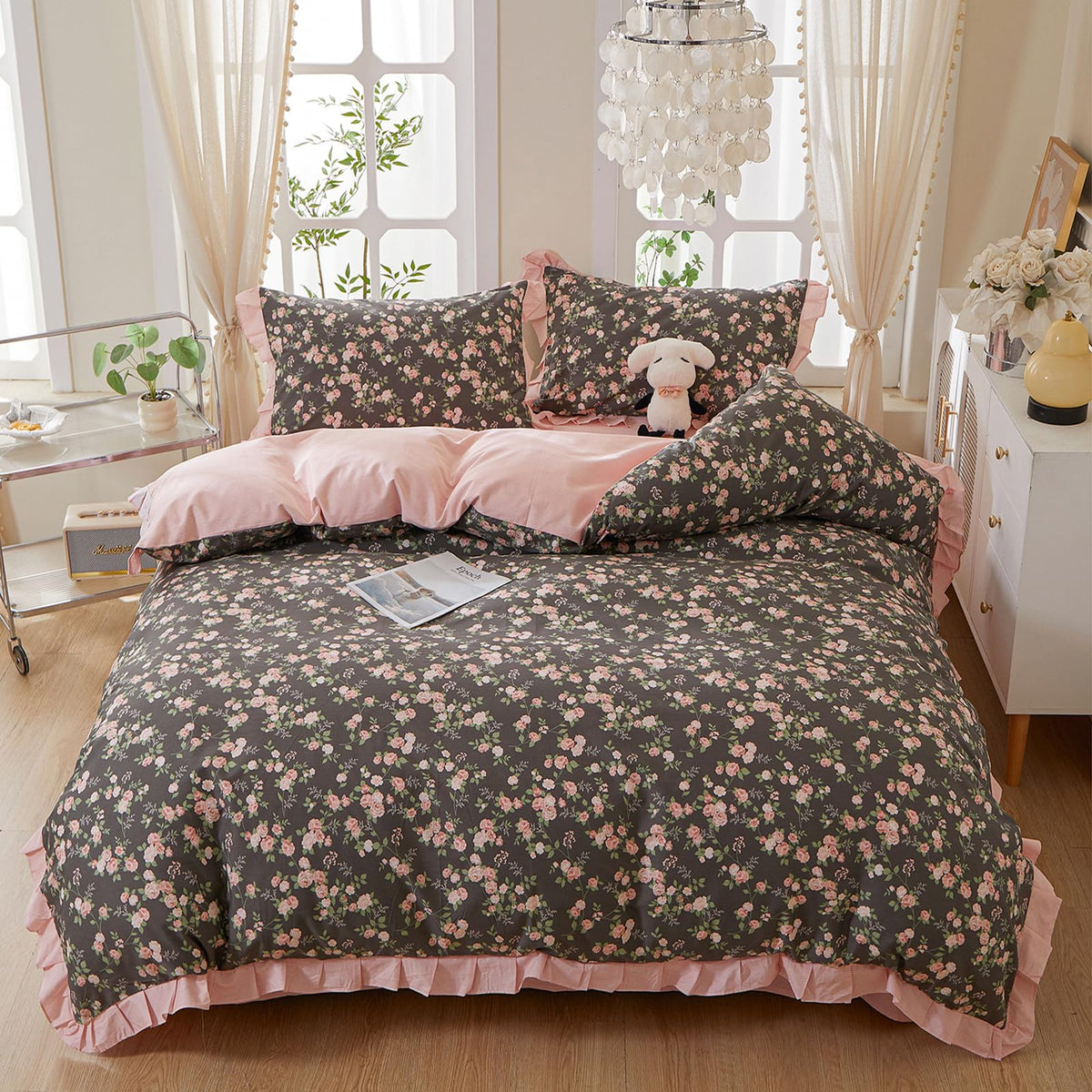 Pink Floral Ruffled Duvet Cover Set, Soft 100% Cotton Striped Bedding Duvet Cover with 2 Pillowcases, Vintage