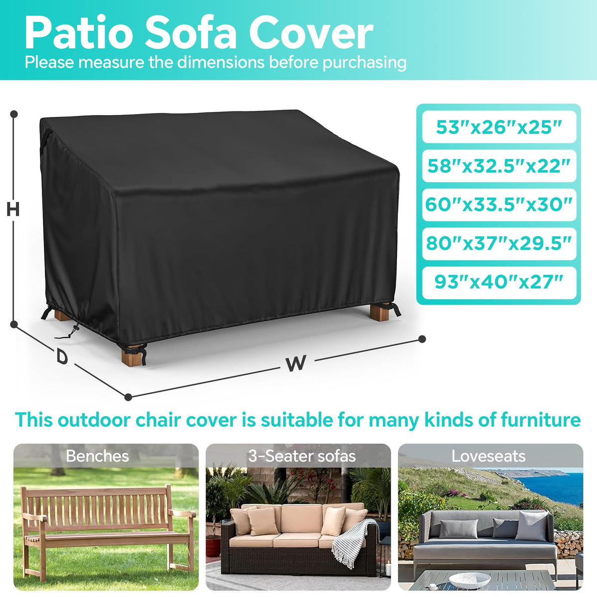 Waterproof 3-Seater Patio Sofa Furniture Covers 80x37x29.5 Inch