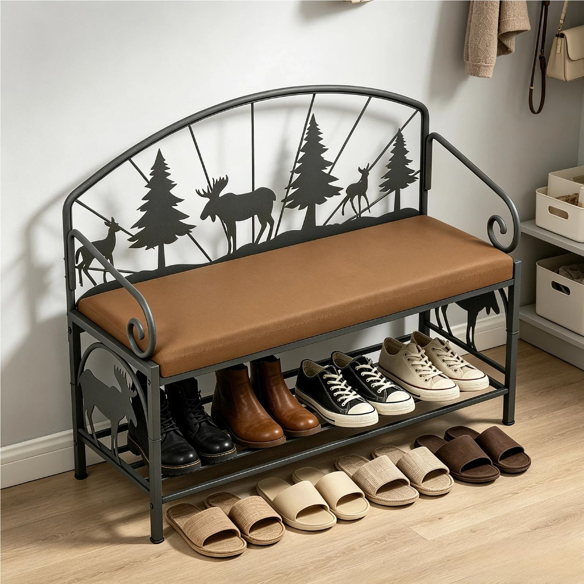 Metal Entryway Storage Bench with Cushion, Rustic Country Style