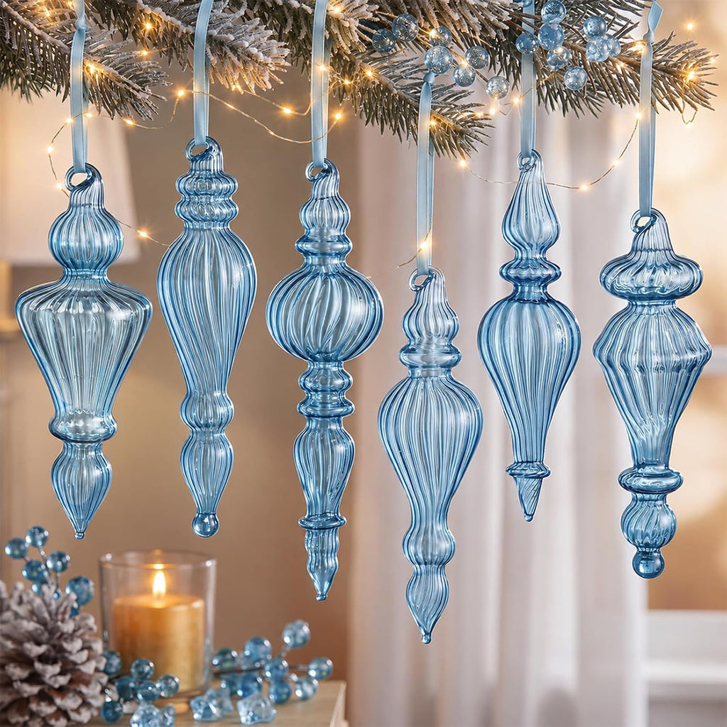 Vintage Glass Christmas Ornaments, Antique, Blue - Set of 6