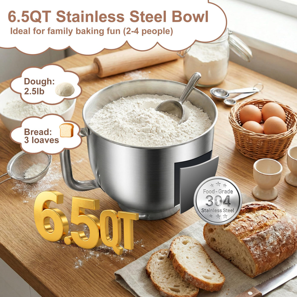 6.5 Qt 10-Speed Tilt-Head Stand Mixer with Dough Hook, Whisk, Beater & Splash Guard, Electric Kitchen Mixer for