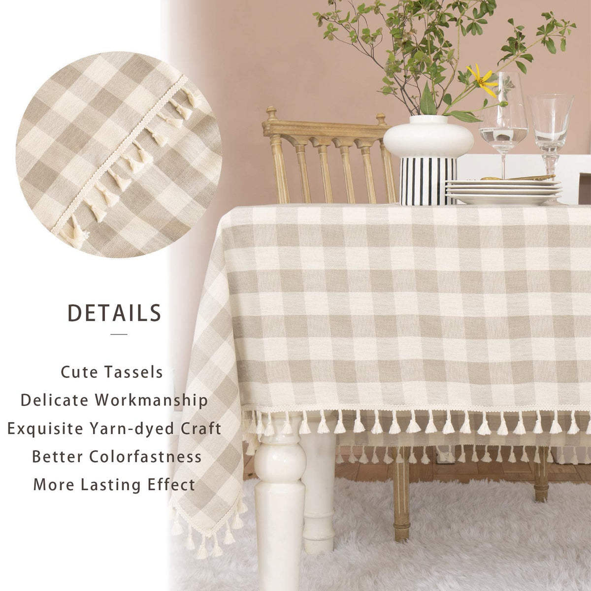 Farmhouse Gray Khaki Gingham Tablecloth Rectangle 55"x70"