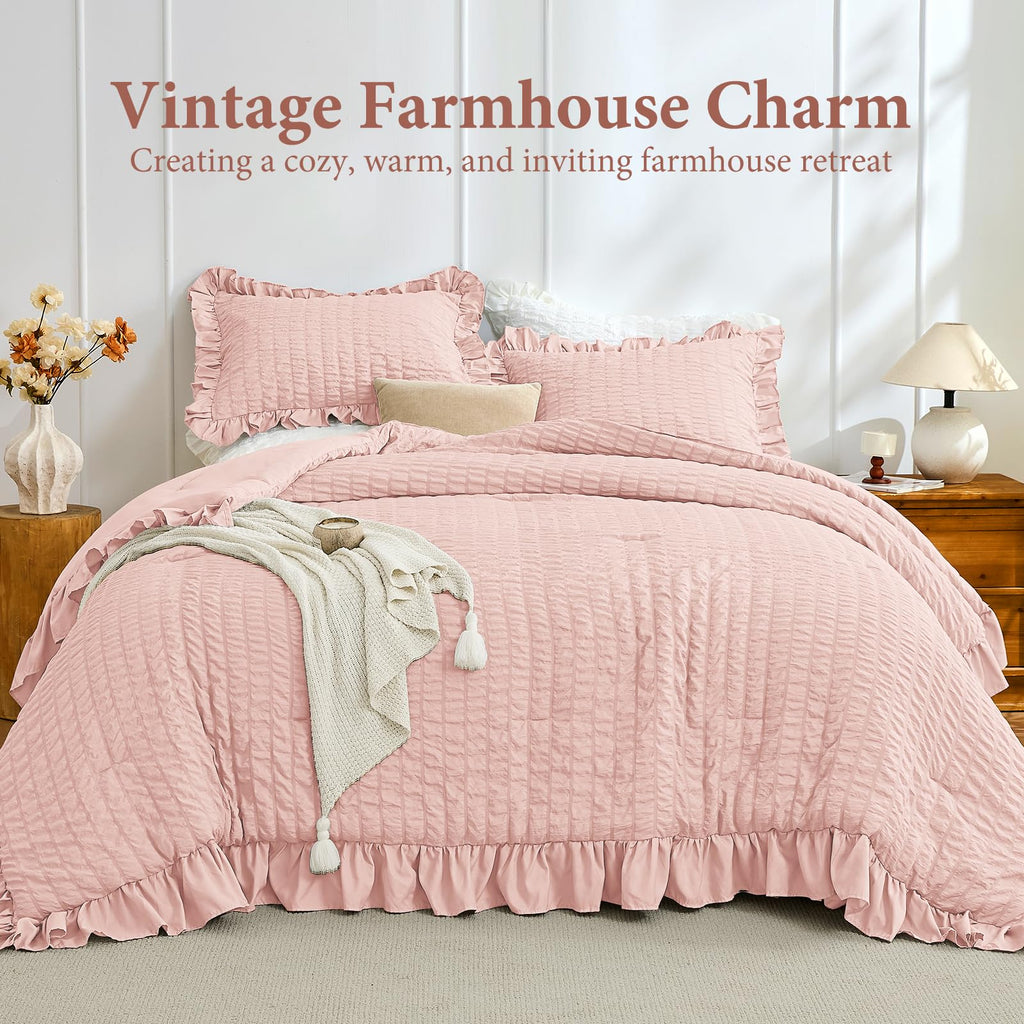 Comforter Set, 3 Pieces Rose Gold Seersucker Comforters, Lightweight & Fluffy Bedding Sets
