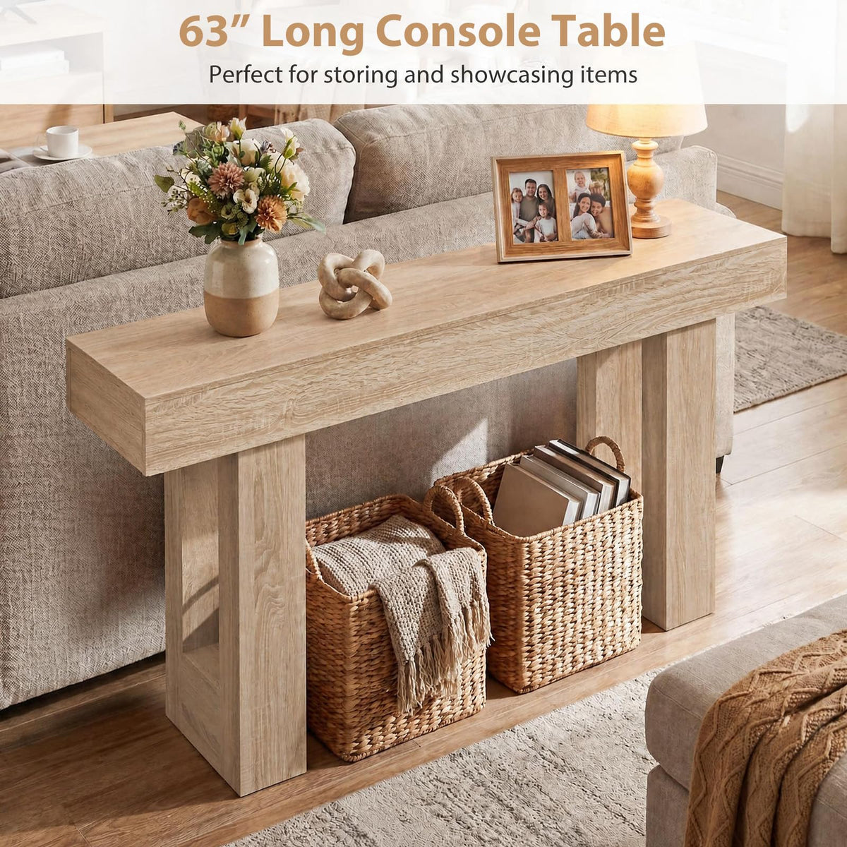 63" Long Console Table, Farmhouse Wooden Rectangular Sofa Table