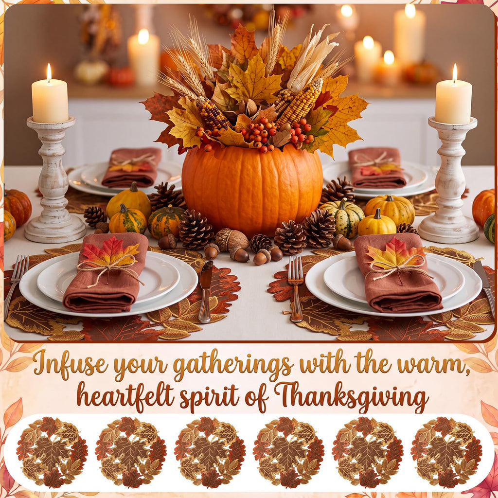 12 Pcs Fall Thanksgiving Placemats, Maple Leaves Embroidered Mats