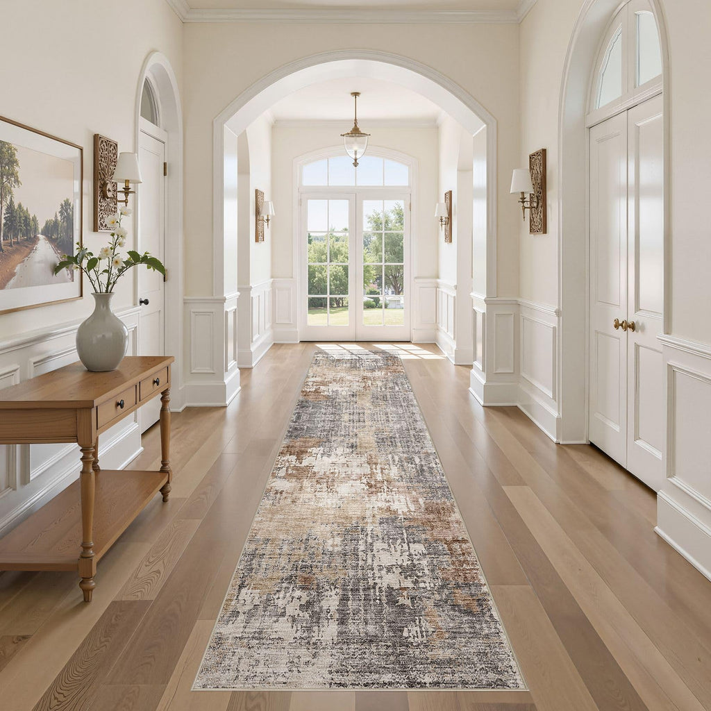 Washable Runner Rug : 2.6x12 Neutral Modern Abstract Low Pile Area Rug with Non-Slip Backing - Carpet Kitchen Laundry