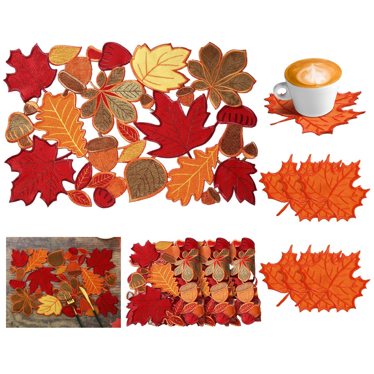 12 Pcs Fall Thanksgiving Placemats and Coaster Set of 6, 11 x 17 in