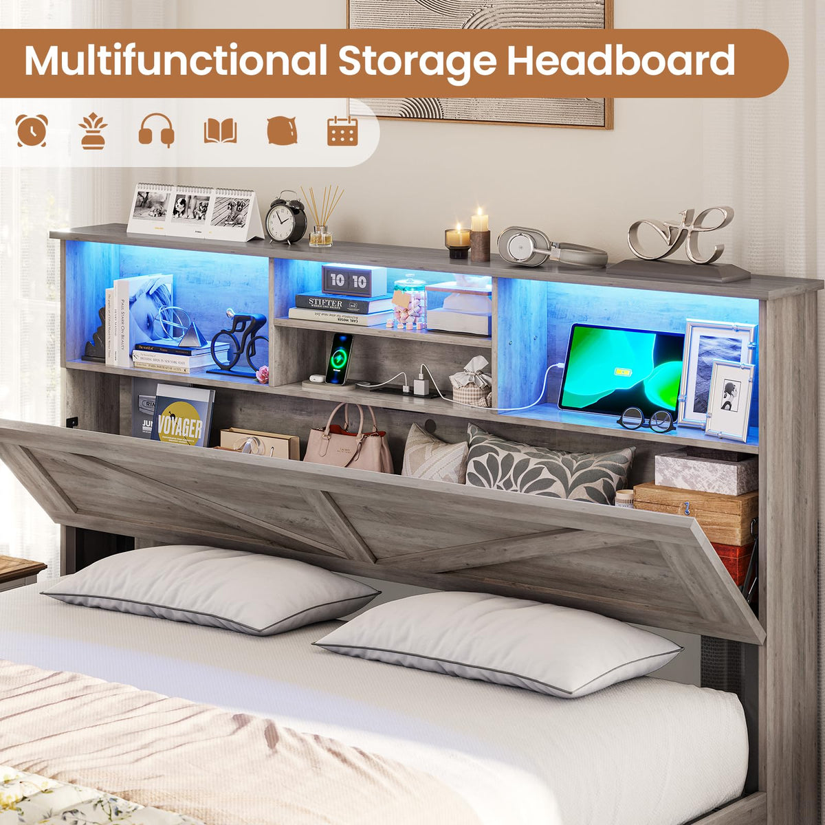 Farmhouse Bed Frame with Bookcase Storage Headboard, Charging Station and LED Lights, Wooden Bed