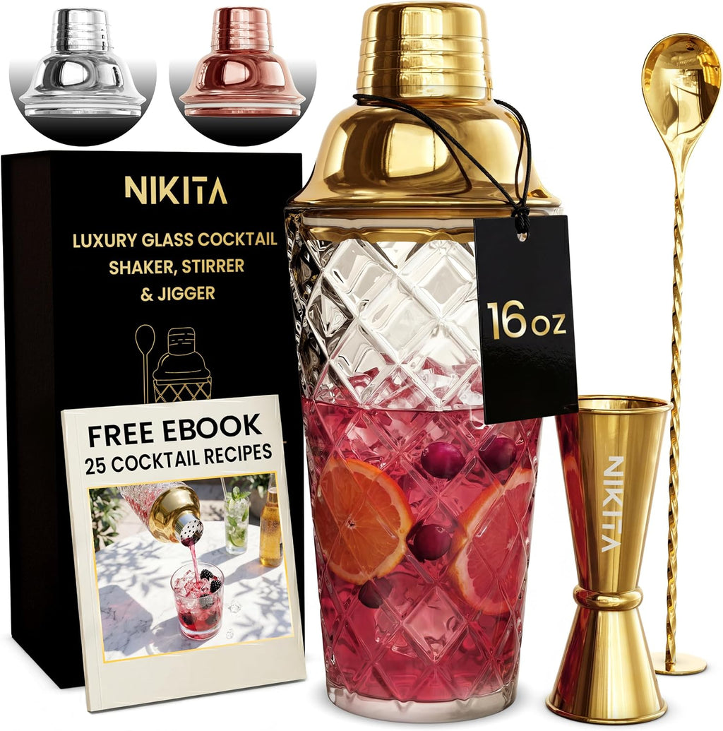 Nikita Cocktail Shaker, 5-Piece Martini Shaker & Bartender Kit with Bar Accessories Strainer, Jigger, Spoon & - Set of 5