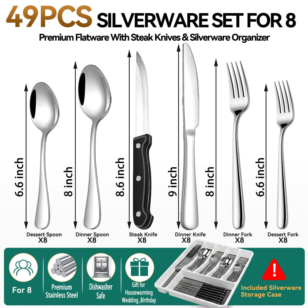 49-Piece Silverware Set with Organizer, Stainless Steel Flatware Utensils Set for 8, Forks and Spoons Silverware Set