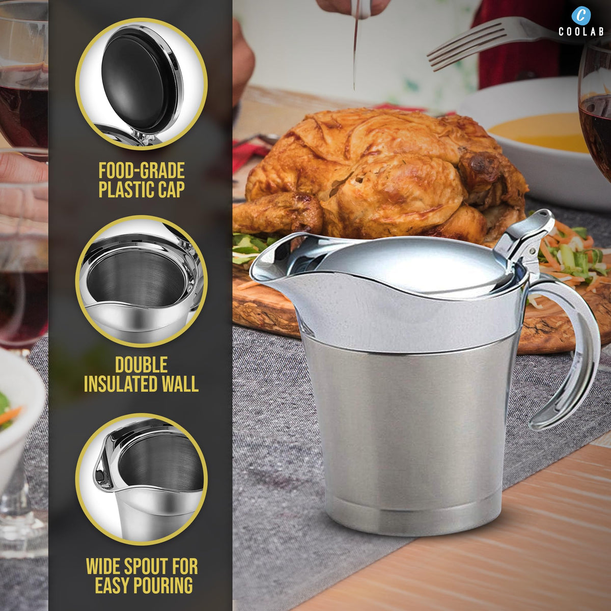 Stainless Steel Gravy Boat with Lid - Double Insulated Gravy Pitcher for Hot & Cold Sauces - Elegant Sauce Boat