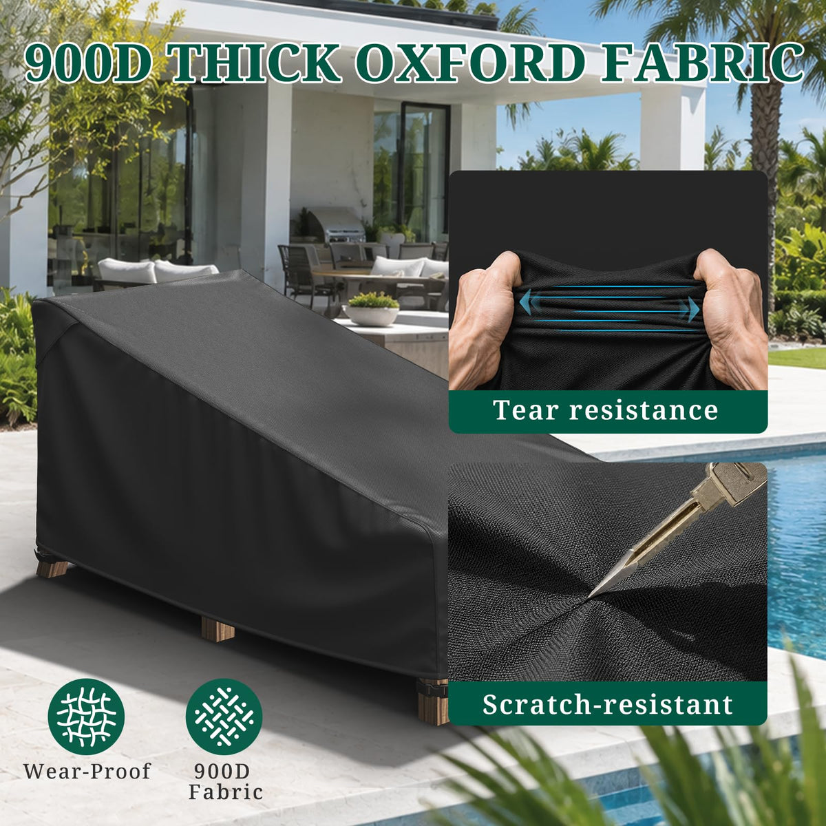 Outdoor Chaise Lounge Cover Waterproof, 900D Heavy Duty