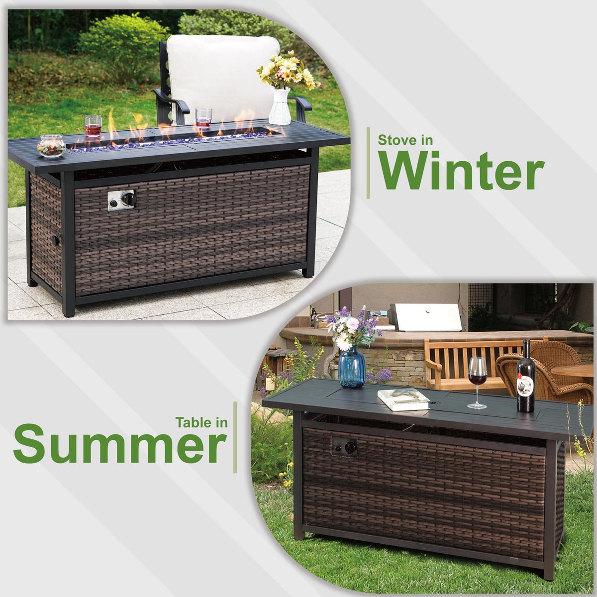 56 Inch Gas Fire Pit Table 50000 BTU Large Long Rectangular Outdoor Propane Rattan Fire Pit Table Fireplace Garden