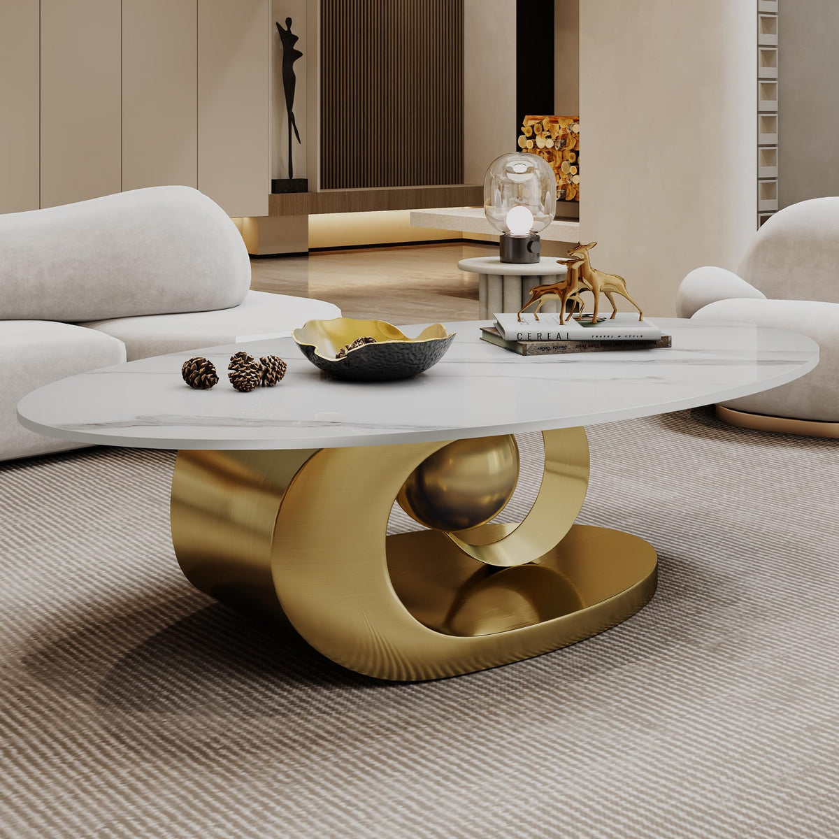 Inspired Saarinen Style Modern Coffee Table with Gold Stainless Steel Pedestal, Oval