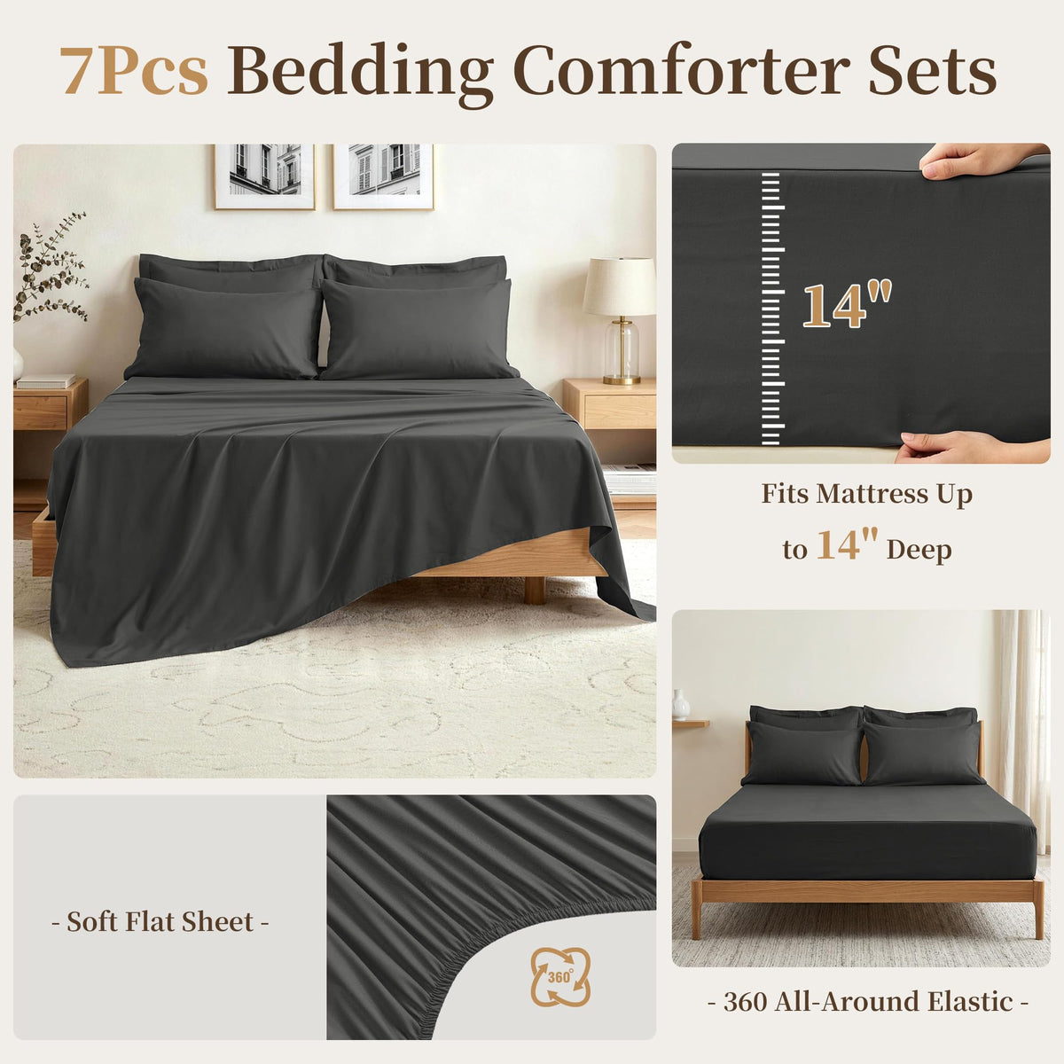 Comforter Set 7 Piece with Lightweight Comforter, Dark Gray