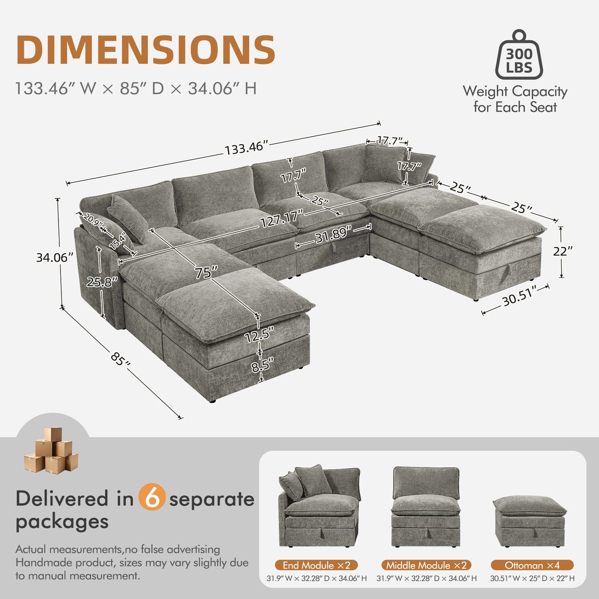 Modular Sectional Sofa Bed with Storage Ottomans, 135" Cloud Couch, 6-Seater Comfy Modern Couches with Pillows &