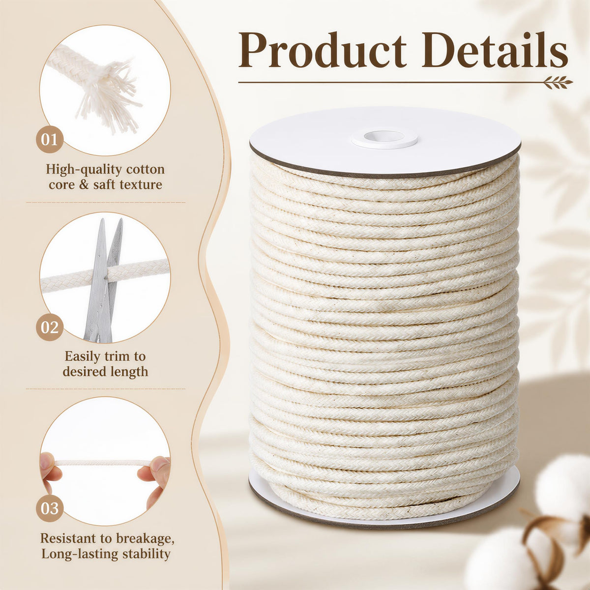 5/32" Piping Cord for Sewing,55 Yards Beige Soft Cotton Welt Cord