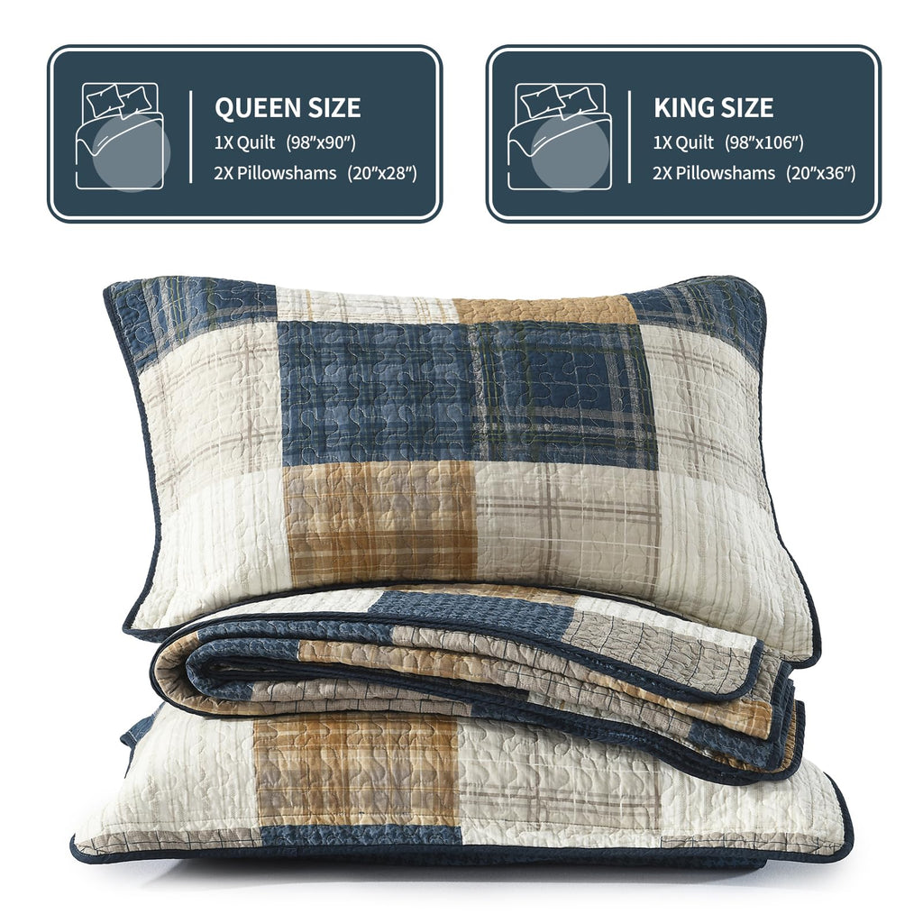 100% Cotton Quilt Set, Rustic Farmhouse Plaid, Blue/Khaki
