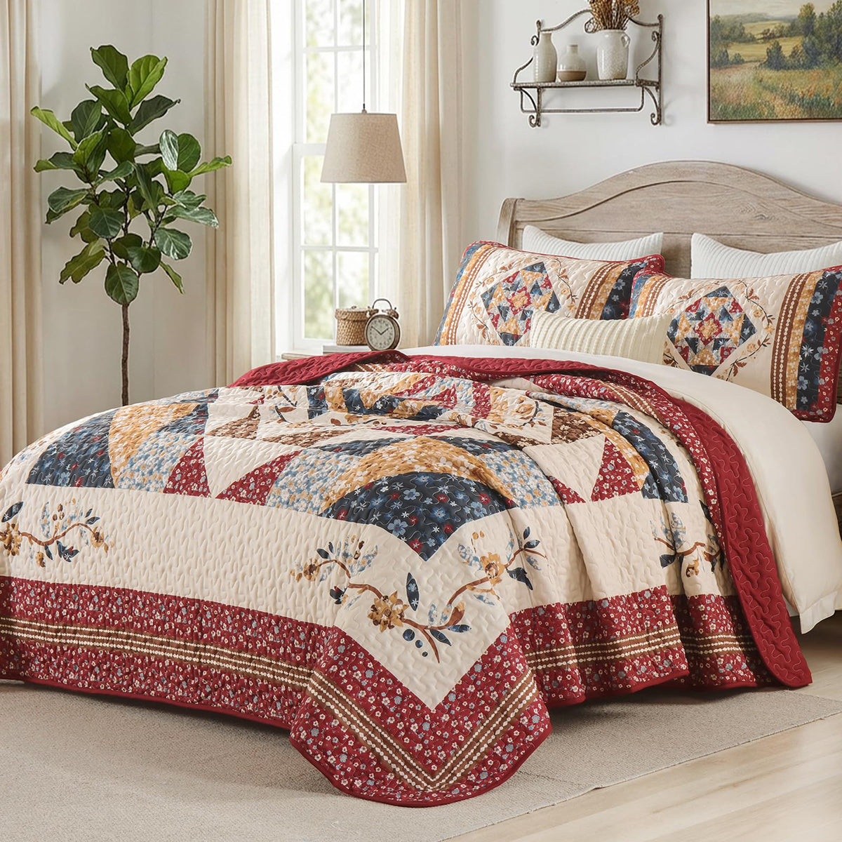 Patchwork Quilt Bedding Set, Red Farmhouse Floral Bedspread