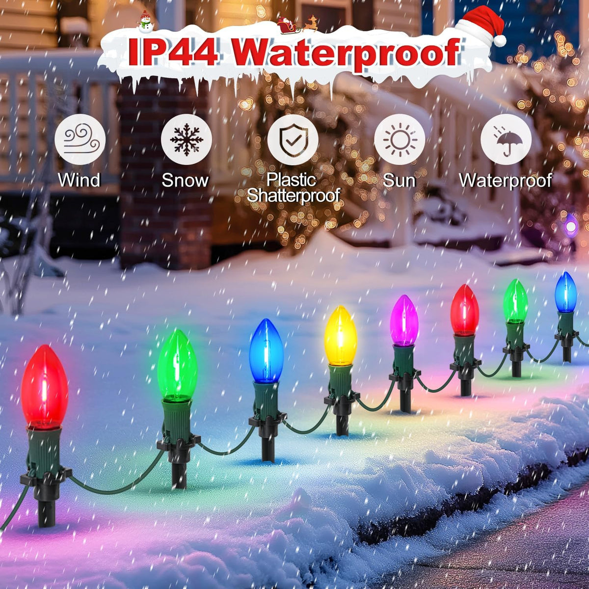 45Ft C9 Led Christmas Pathway Lights Outdoor, 30 Multicolor Bulbs Waterproof Connectable Christmas Walkway Lights for