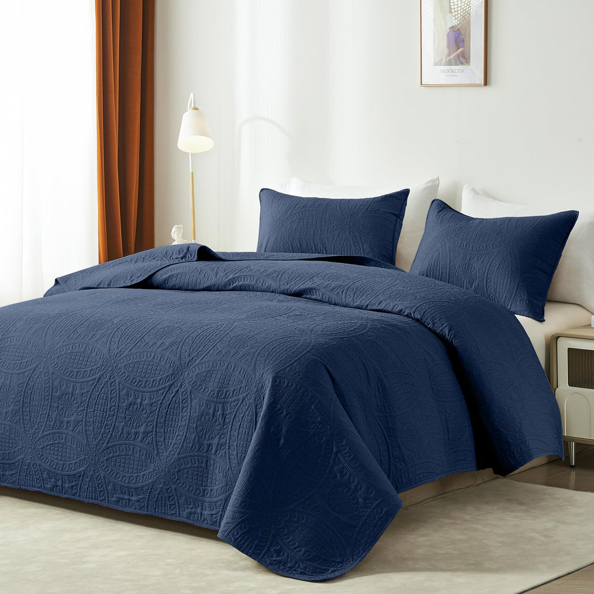 118"x106" Navy Quilt Set, Oversized Floor-Length Bedspread, Modern Coin Pattern Microfiber Coverlet