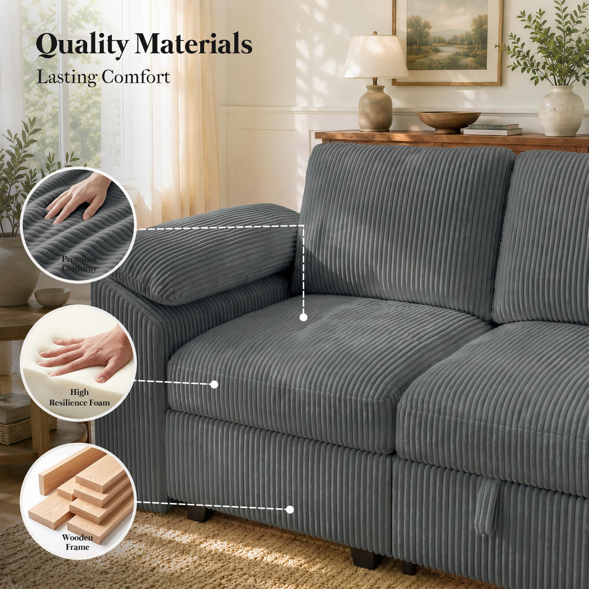 108" Modular Sectional Sleeper Sofa with Pull Out Bed, Dark Grey