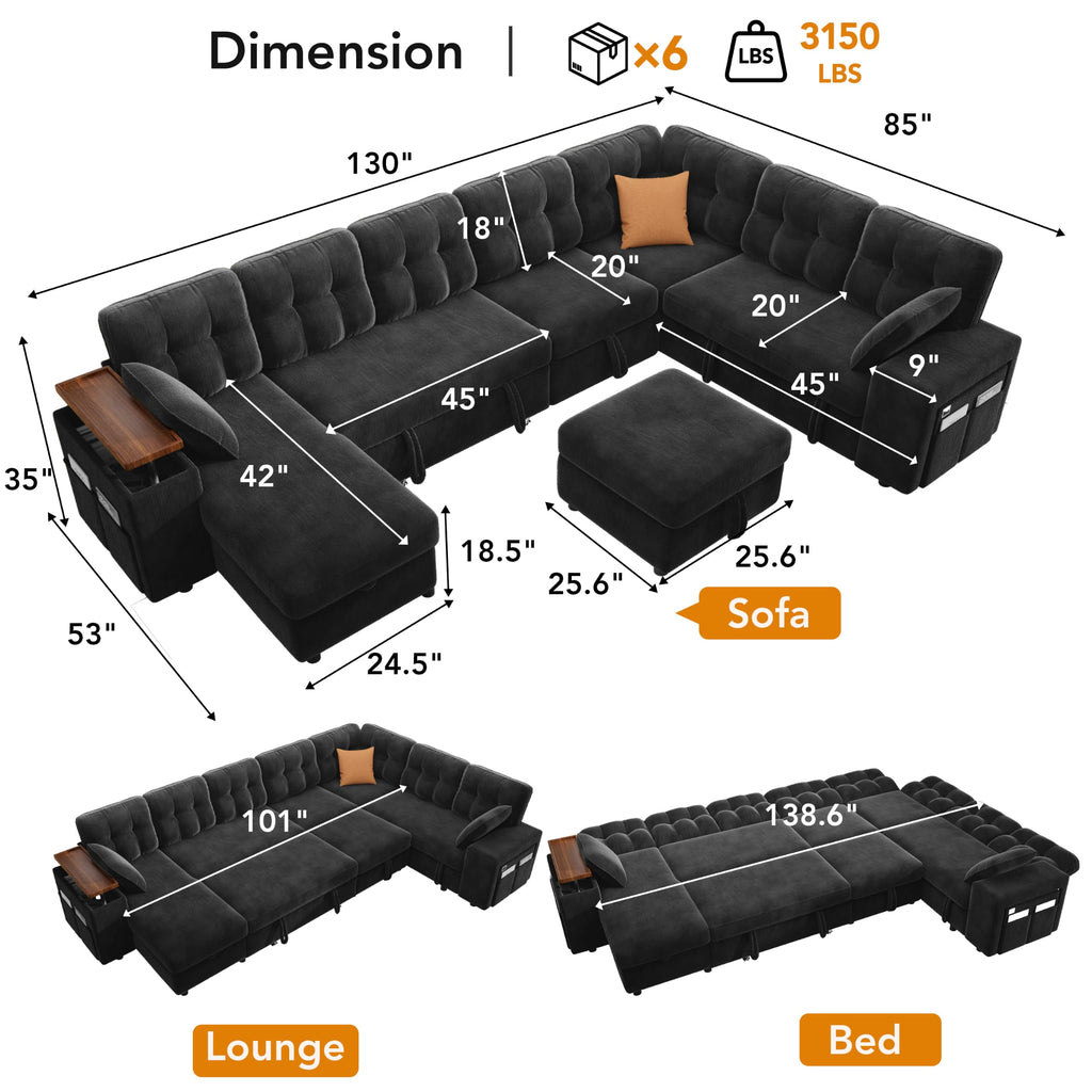 130" Modular Sectional Sleeper Sofa with Pull Out Bed, 9 Seat L Shaped Couch with Ottoman & Chaise/Reclining