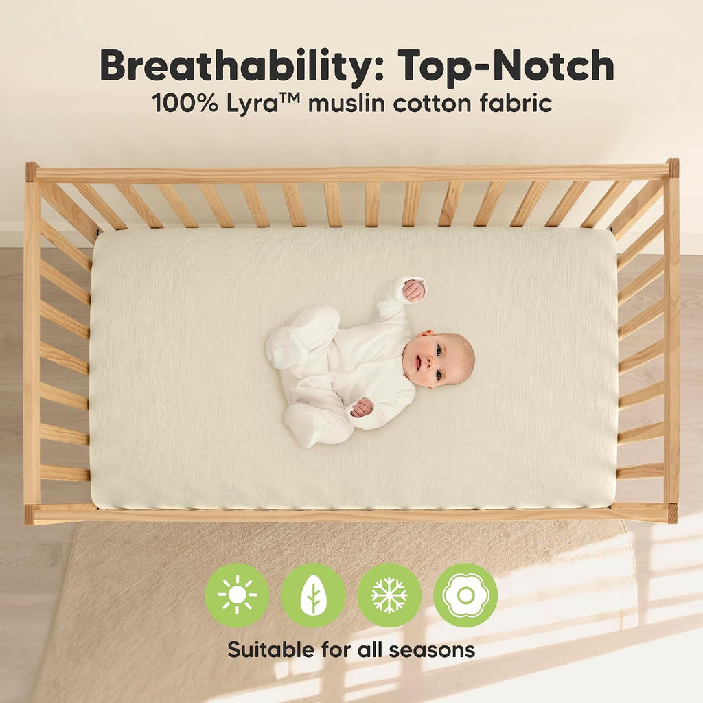 2-Pack Muslin Crib Sheets for Boy, Girl, 52x28 Fitted (Greige) | 100% Organic Cotton Fitted Baby Crib Mattress Sheet