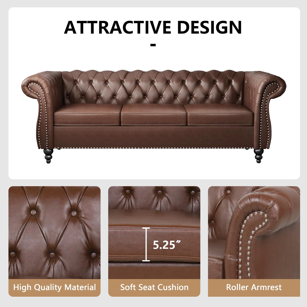 2 Piece Living Room Sofa Set, 3 Seater Faux Leather Sofa Couch and Chair Set, Mid Century Modern Upholstered Couch