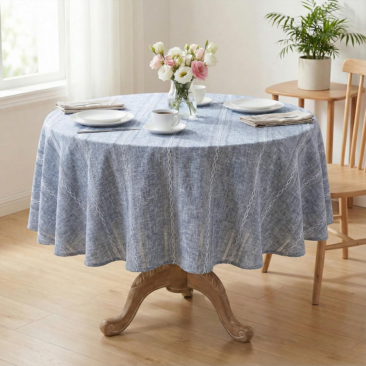 Blue Round Tablecloth, 70×70 Inch, Farmhouse Decor