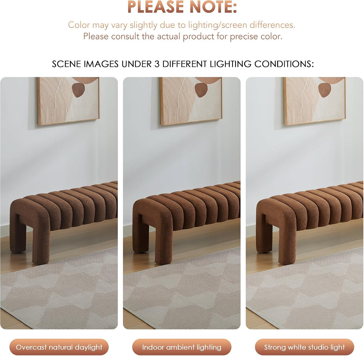 63" Upholstered Boucle Bench, Rust Brown | Padded King Size Long Ottoman, Sherpa Window Seat, Bedroom, Living Room