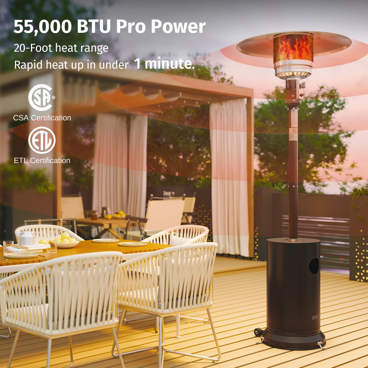 55, 000 BTU Propane Patio Heater with Round Table & Stainless Steel Burner, Outdoor Heater with Wheels, Ideal For