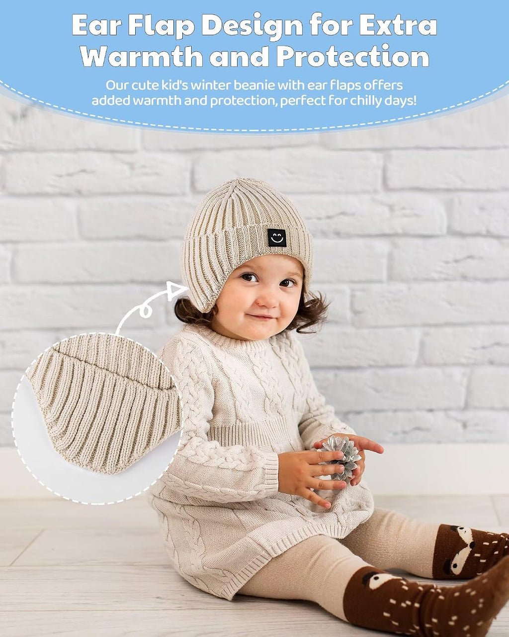 3 Pack Baby Beanie Hats with Earflaps, 2 Size Baby Winter Hat for Toddler Kids, Fleece Lined Knit Hat for Girls Boys