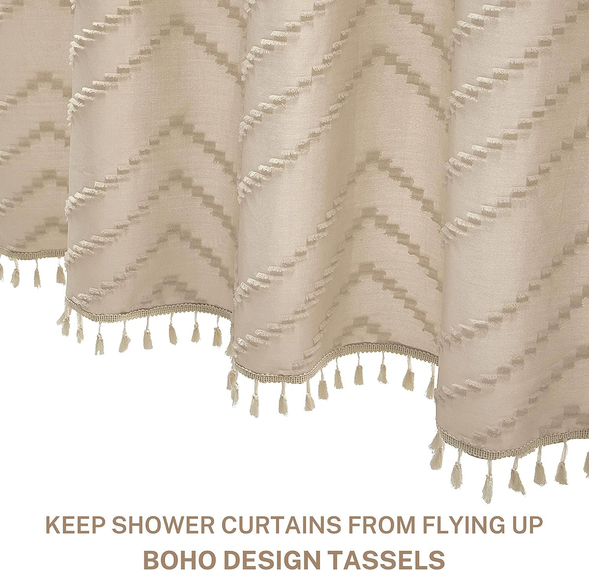 Boho Farmhouse Shower Curtain Woven Fabric Cute Beige Shower Curtain, 72 x 72 Tufted Chevron Textured Striped Modern