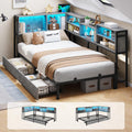 Corner Twin Bed Frame with Bookcase Storage Headboard and Led Lights,Twin Size Metal Platform Corner Bed Frames with